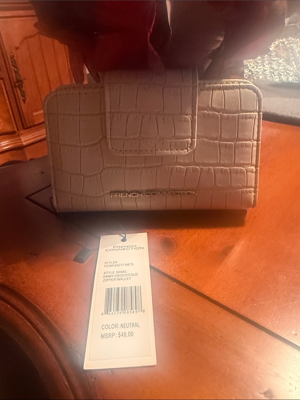 French Connection Neutral Croc-Embossed Zip Wallet